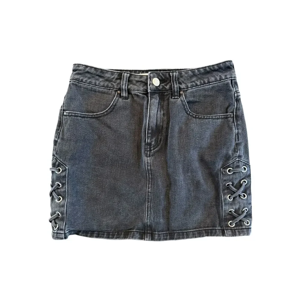 Pacsun Black Denim Lace-Up Mini Skirt | Y2K Grunge High Rise - Picture 2 of 9